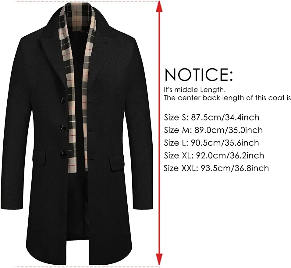 Men's Detachable Scarf Notched Collar Single Breasted Wool Blend Pea Coat