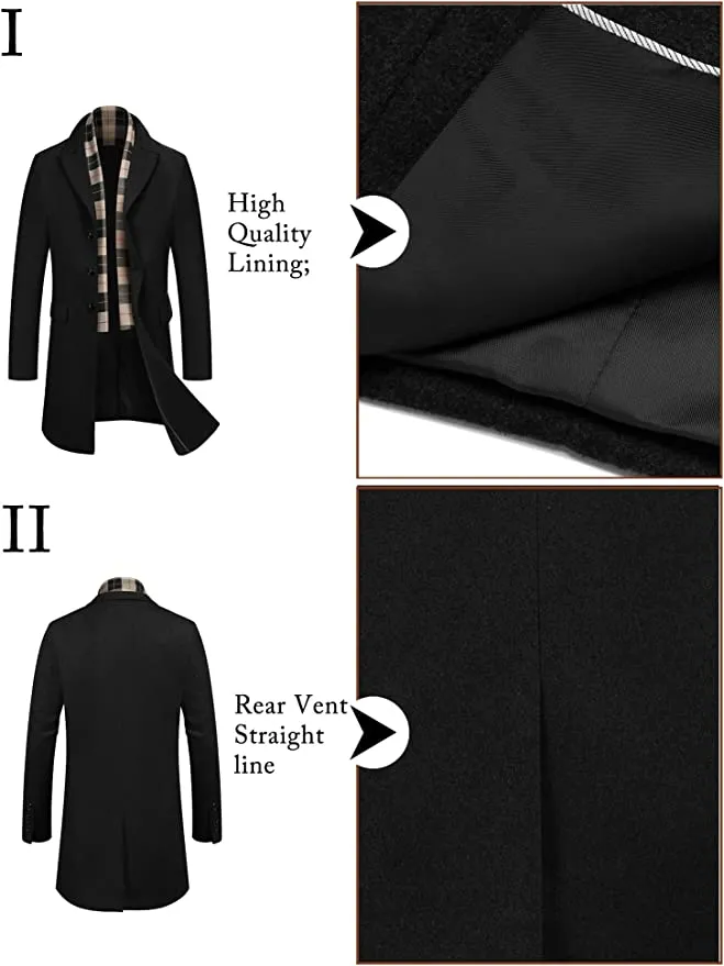 Men's Detachable Scarf Notched Collar Single Breasted Wool Blend Pea Coat