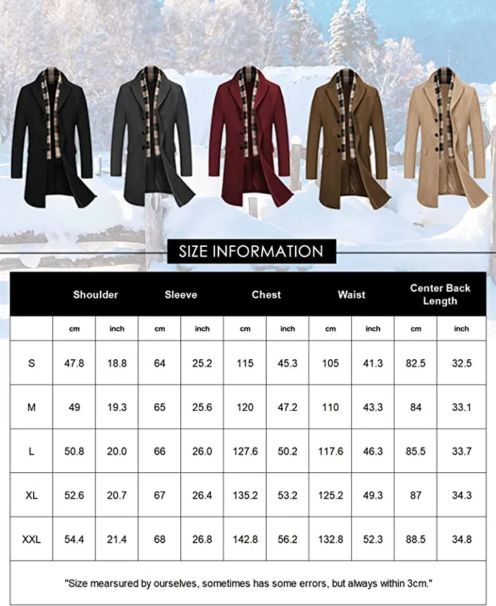 Men's Detachable Scarf Notched Collar Single Breasted Wool Blend Pea Coat