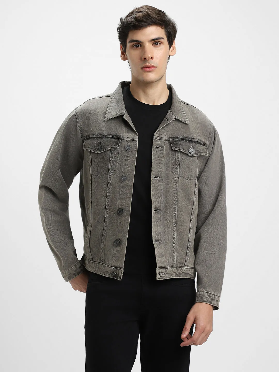 Men's Grey Washed Regular Fit Fit Collar Full Sleeves Denim Jacket Denim Jacket