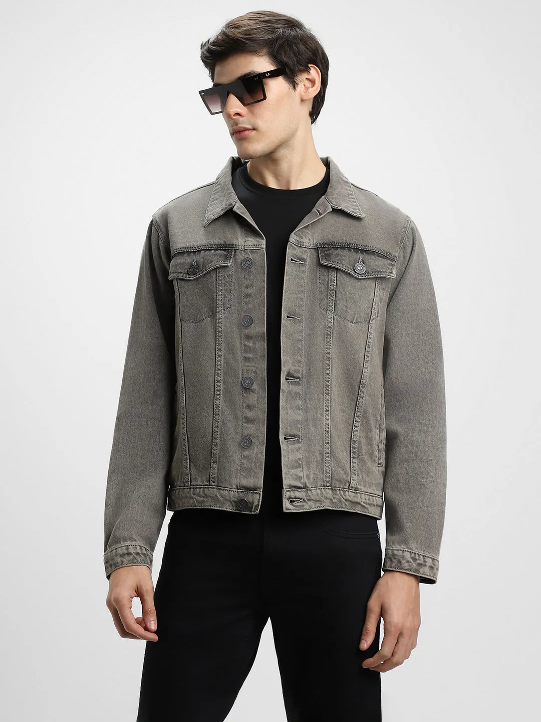 Men's Grey Washed Regular Fit Fit Collar Full Sleeves Denim Jacket Denim Jacket