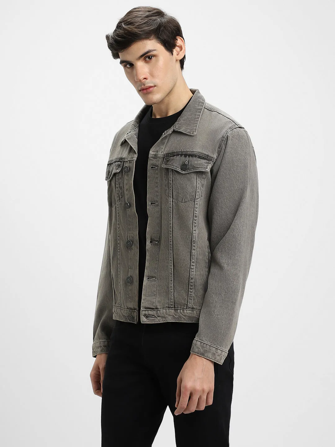 Men's Grey Washed Regular Fit Fit Collar Full Sleeves Denim Jacket Denim Jacket