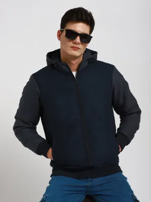 Men's Hooded Regular Fit Suede Solid Navy Jackets