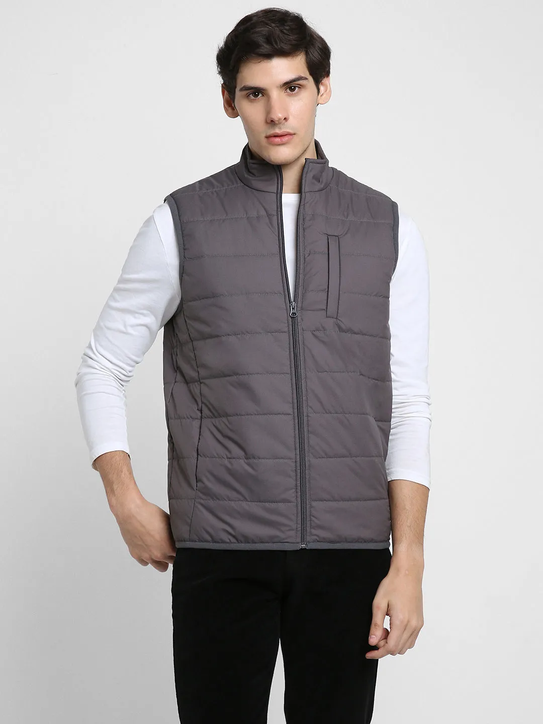 Men's Mock Collar Regular Fit Solid Quilted Dark Grey Jacket