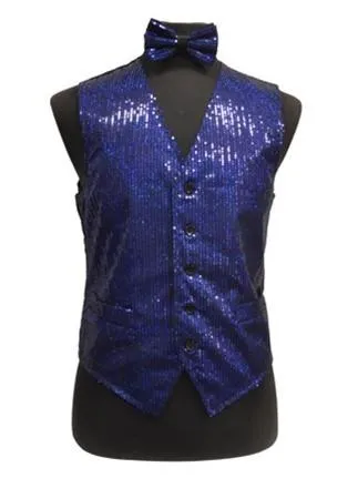 Men's Royal Blue Sequined Vest with Bow Tie