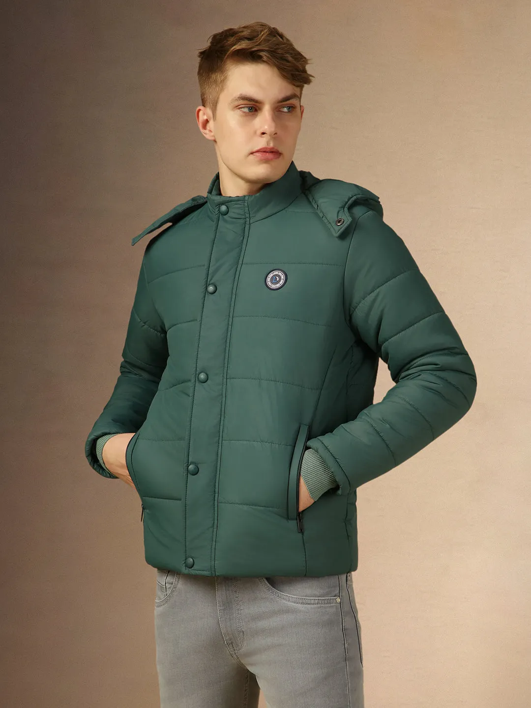 Men's Teal Hooded Full Sleeves Regular Fit Padded Jacket