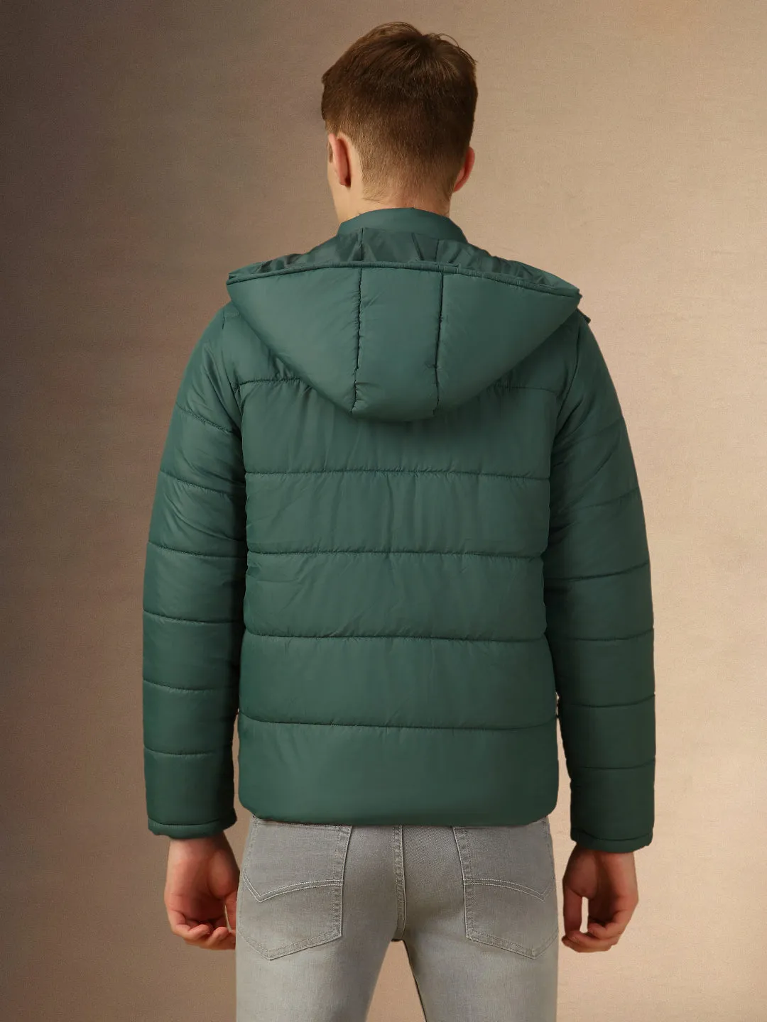 Men's Teal Hooded Full Sleeves Regular Fit Padded Jacket