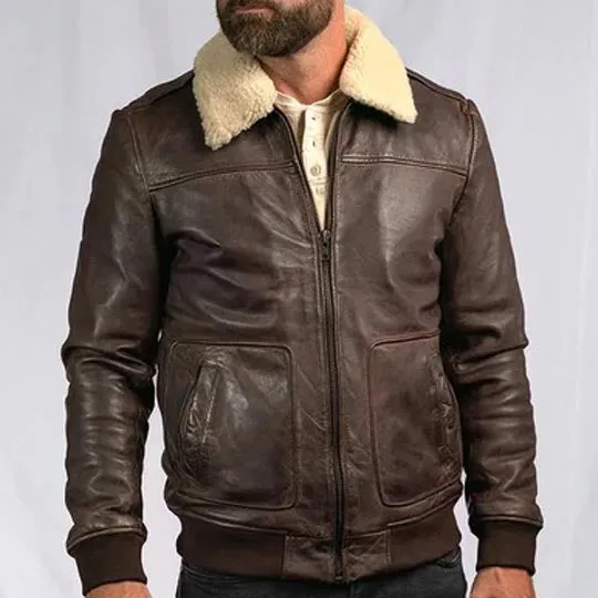 Mens Vintage A2 Brown Leather Shearling Bomber Jacket