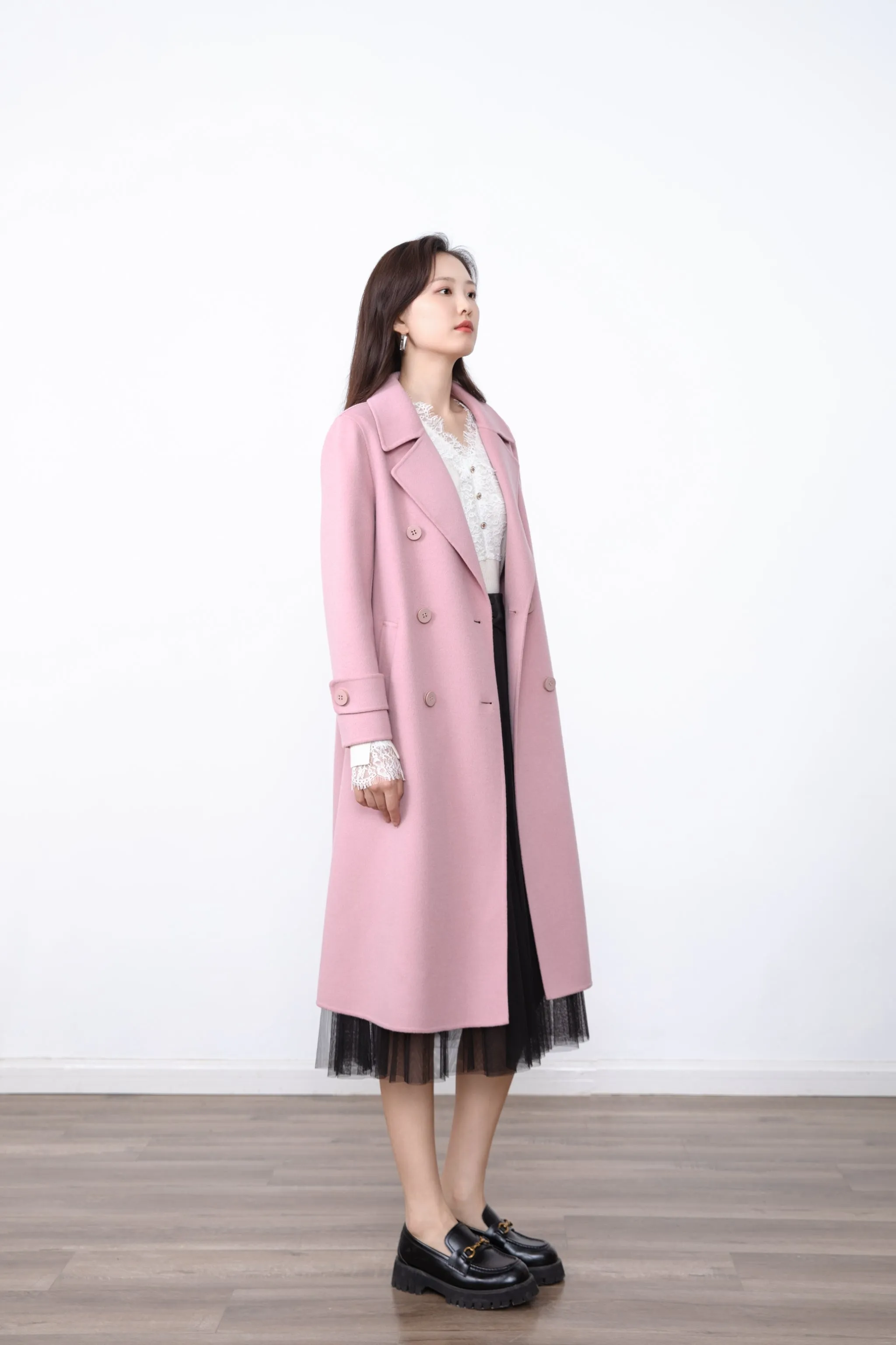 Mist Pink Wool Long Overcoats