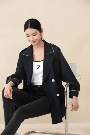 Navy Blue Lapel Waisted Double Breasted Trench Coats