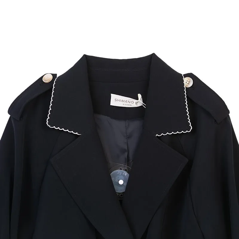 Navy Blue Lapel Waisted Double Breasted Trench Coats