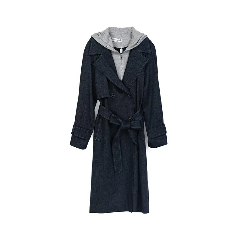 Navy Blue Long Denim Trench Coats