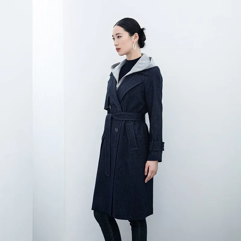 Navy Blue Long Denim Trench Coats