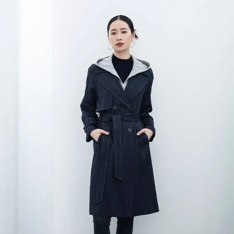 Navy Blue Long Denim Trench Coats