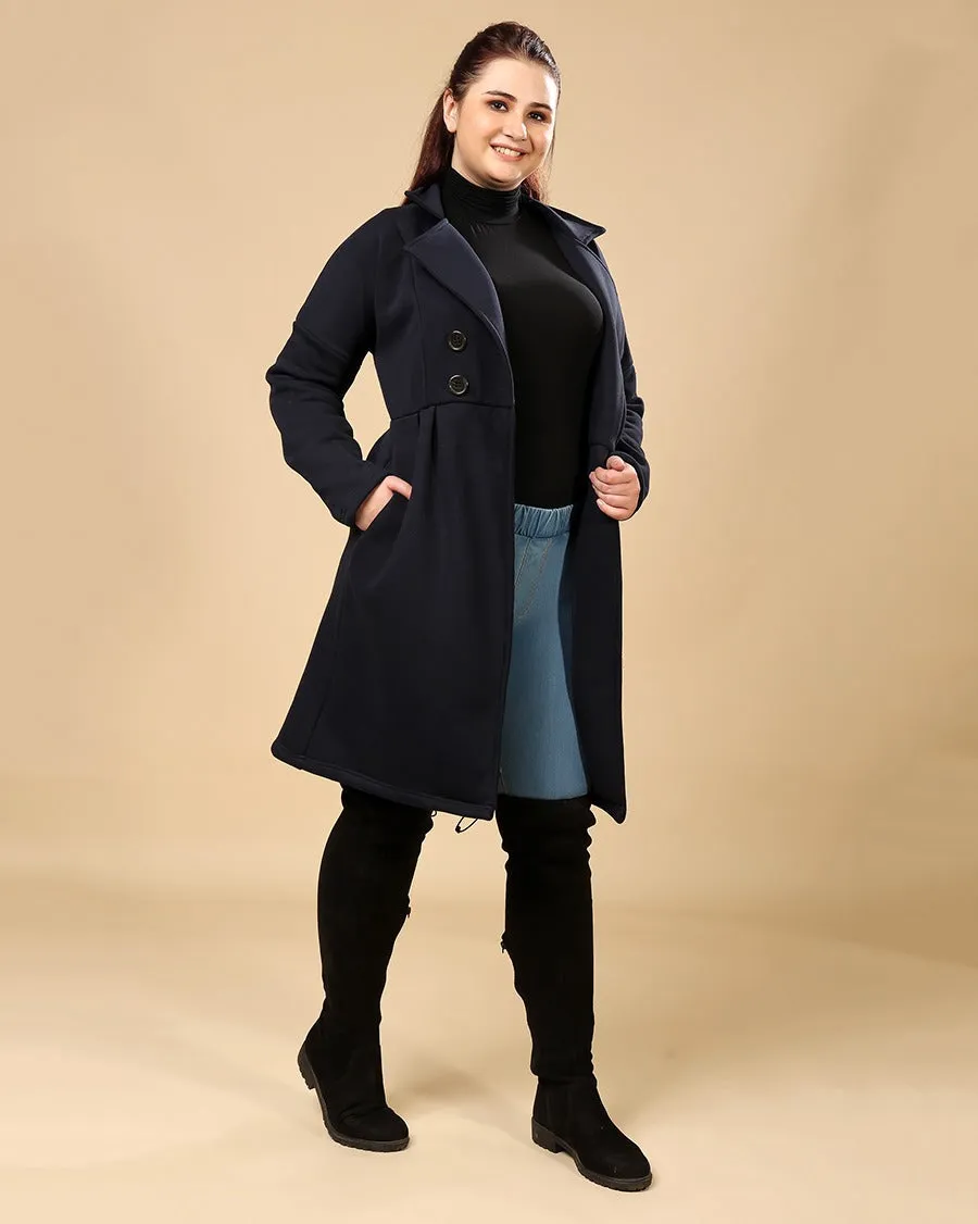 Navy Blue Solid Double Breasted Overcoat with Buttons