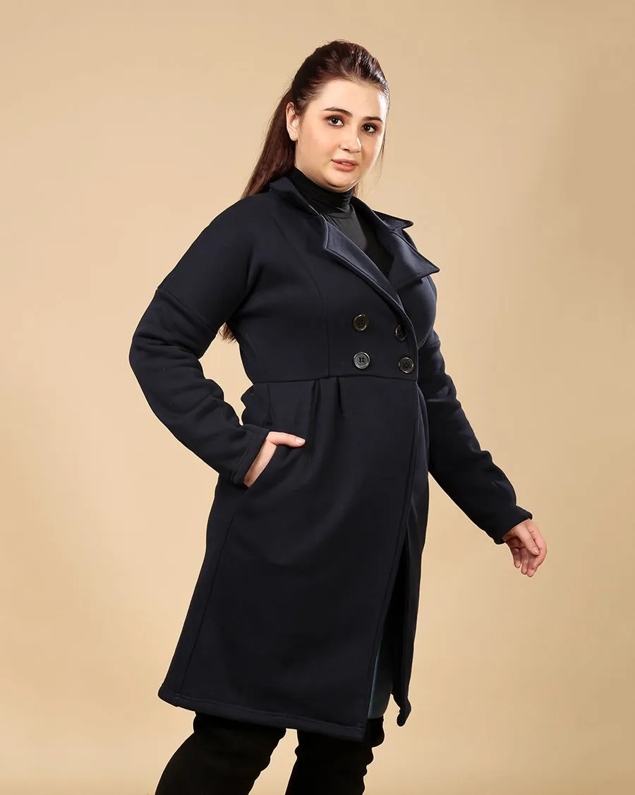 Navy Blue Solid Double Breasted Overcoat with Buttons