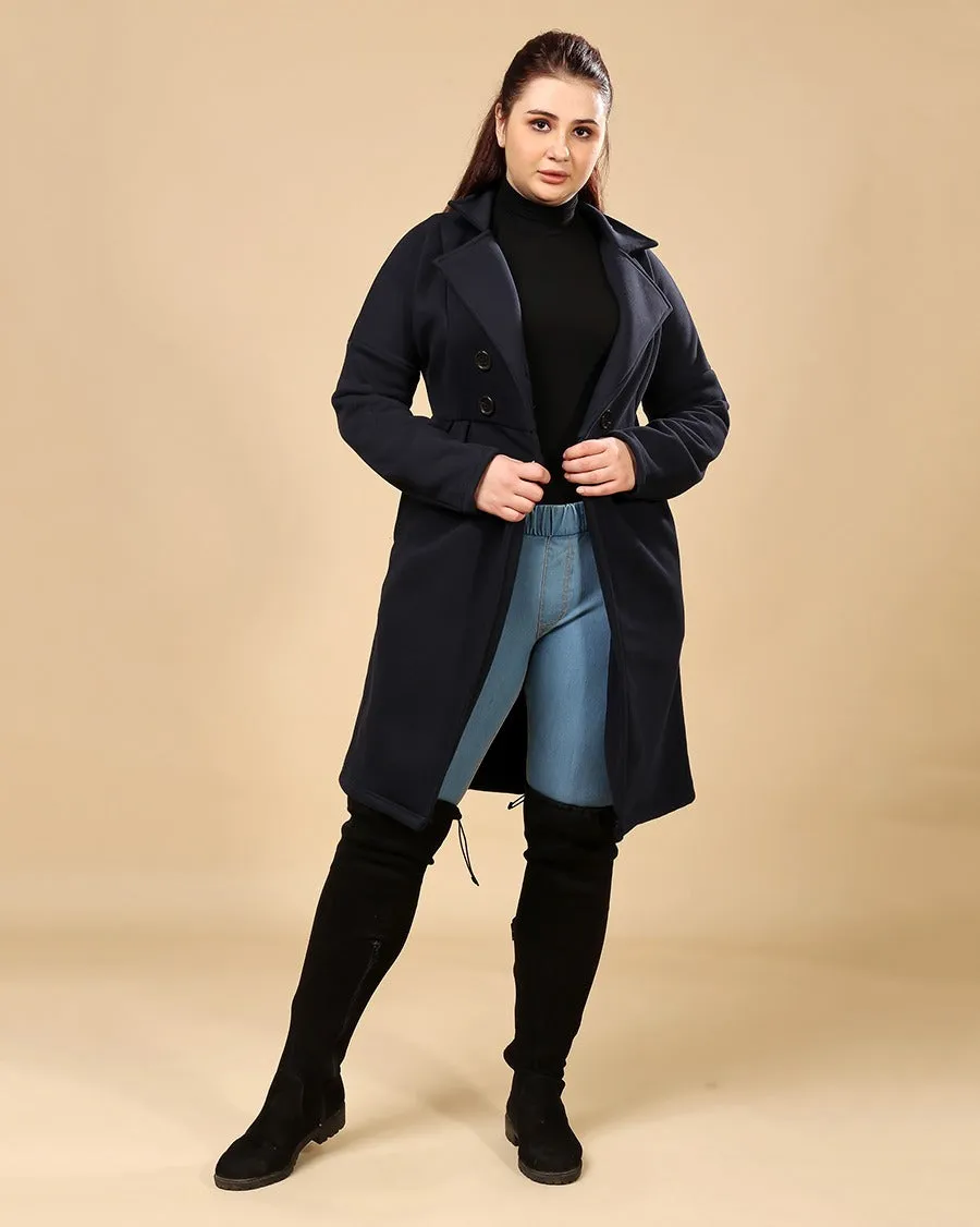 Navy Blue Solid Double Breasted Overcoat with Buttons