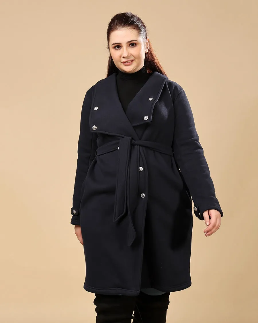 Navy Blue Solid Double Breasted Overcoat