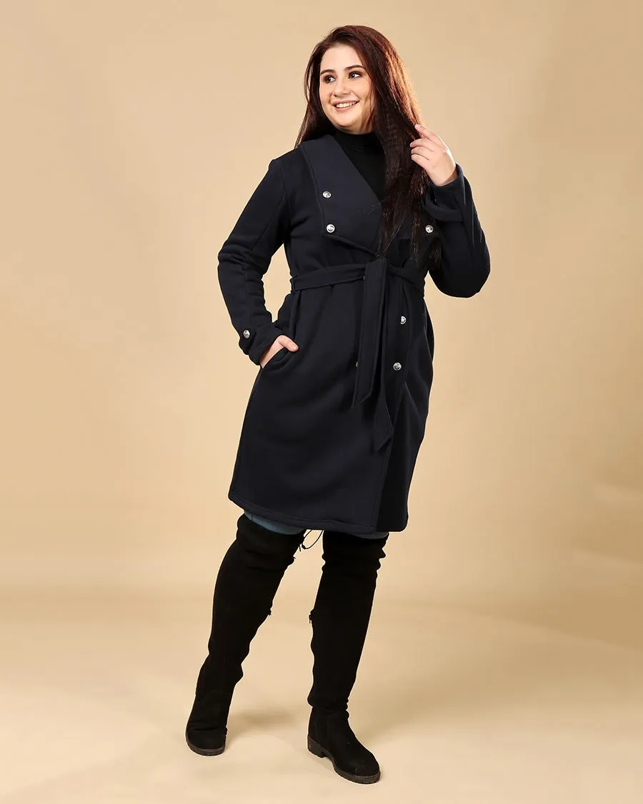 Navy Blue Solid Double Breasted Overcoat