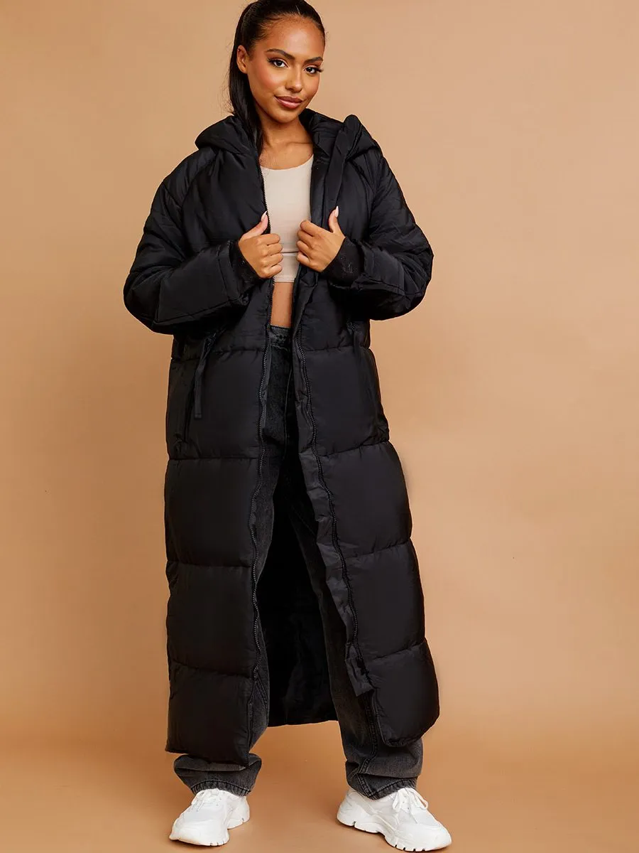 Nicky Longline Quilted Hooded Coat with Button Detail In Black