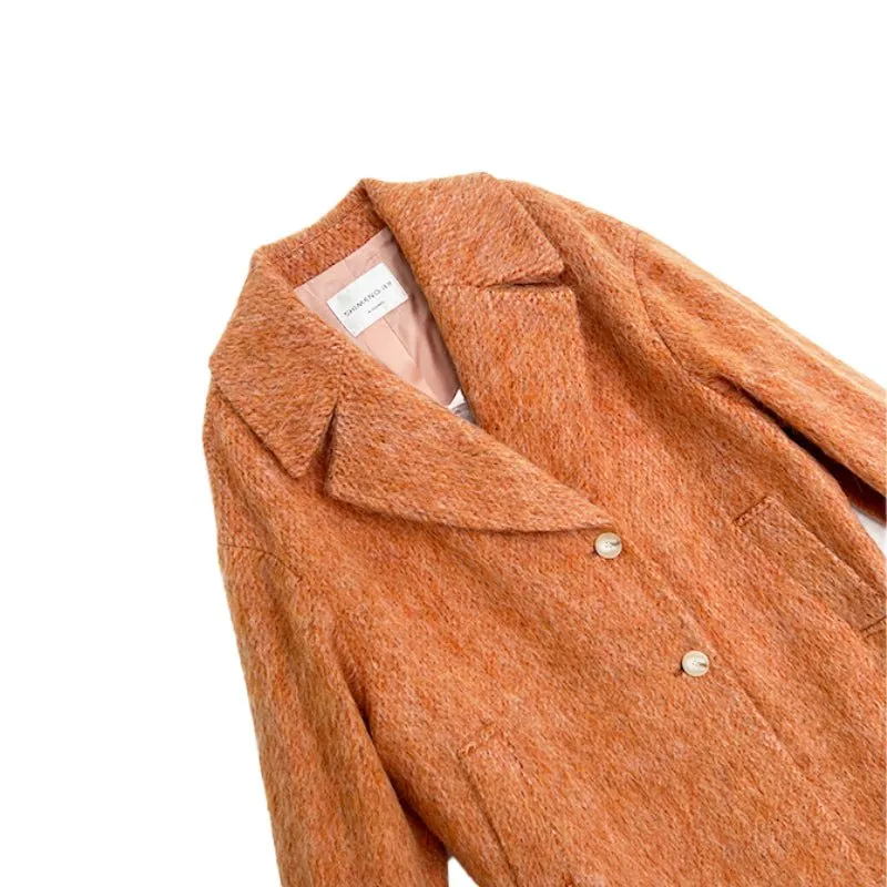 Orange Red Lapel Long Wool Coats