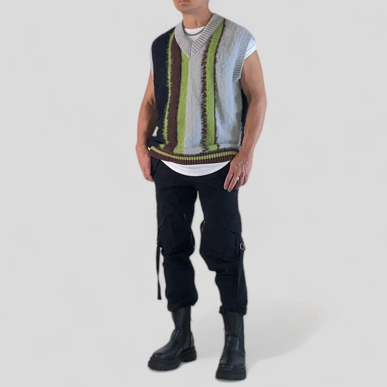 Oversized fit mohair plush vertical stripe vest