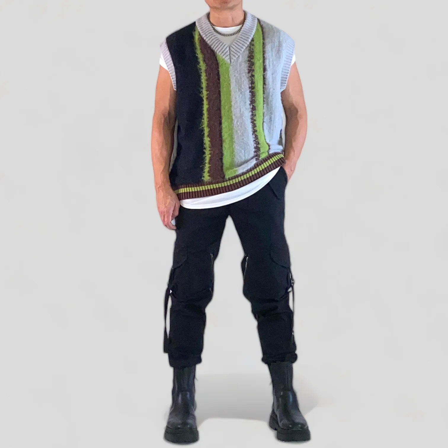 Oversized fit mohair plush vertical stripe vest