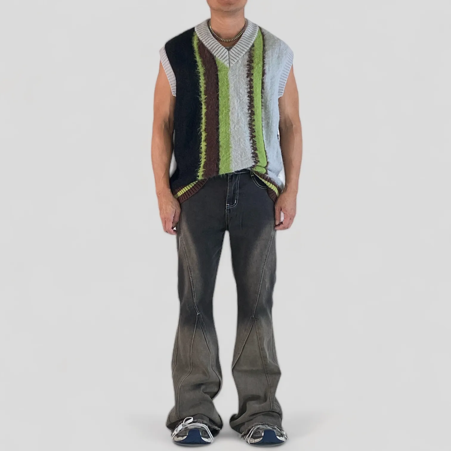 Oversized fit mohair plush vertical stripe vest