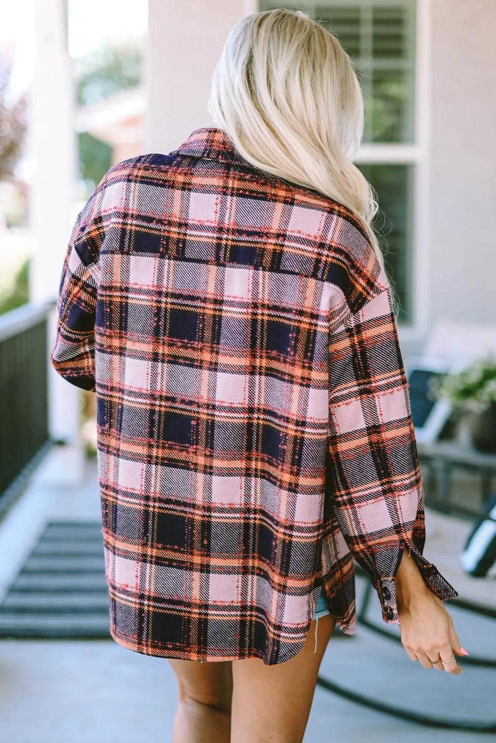 Oversized Flap Slits Plaid Shacket