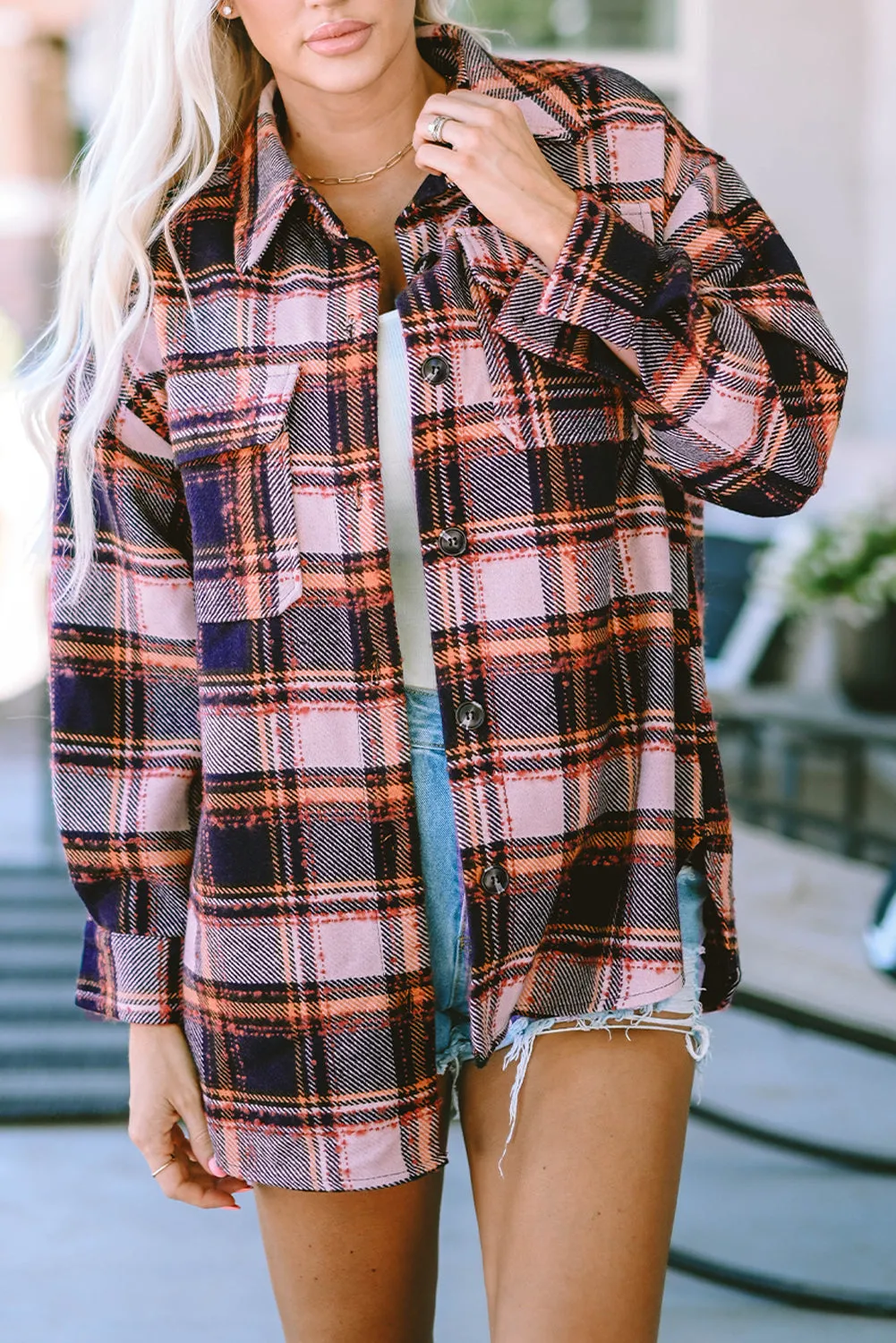 Oversized Flap Slits Plaid Shacket