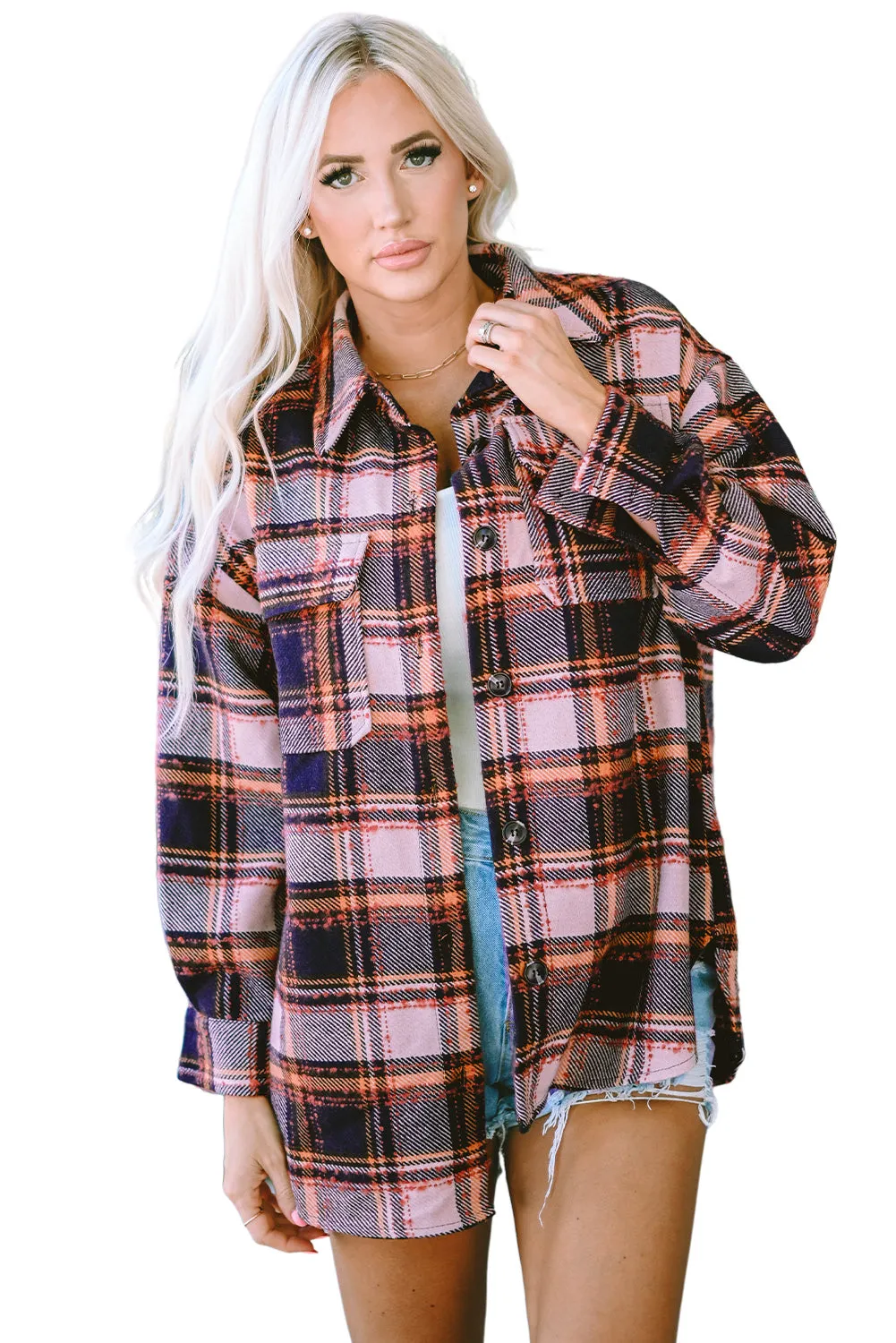 Oversized Flap Slits Plaid Shacket