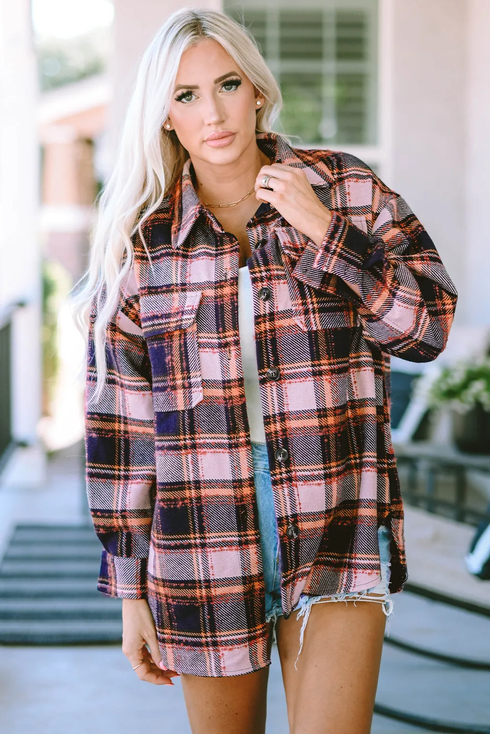 Oversized Flap Slits Plaid Shacket