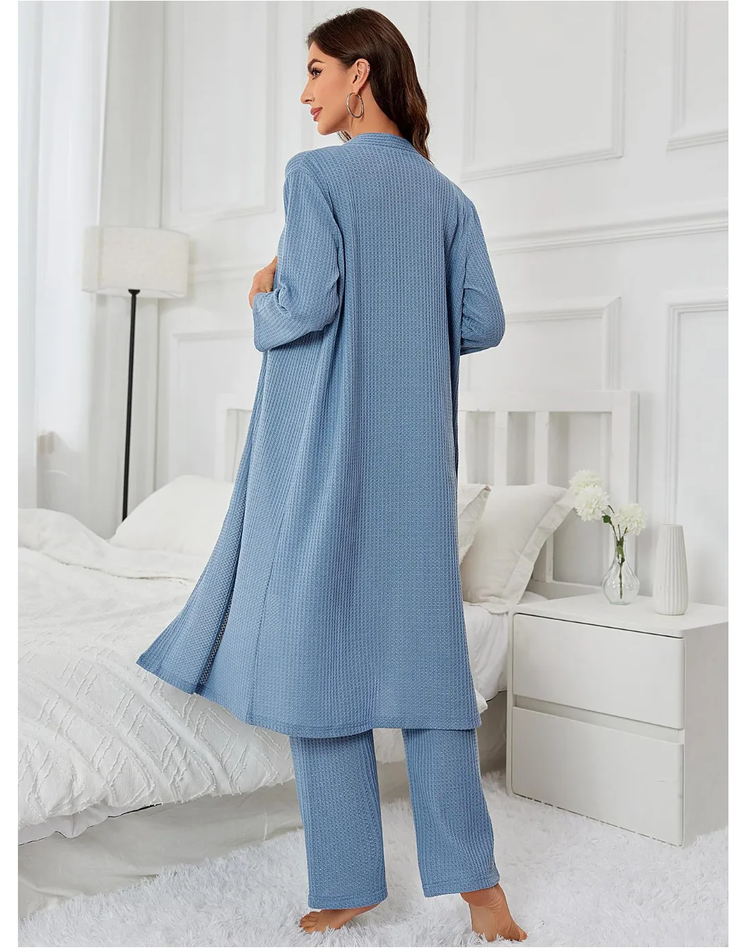 Pajamas Women Waffle Solid Color Suspender Trousers Long Sleeve Outerwear Gown Three Piece Home Wear