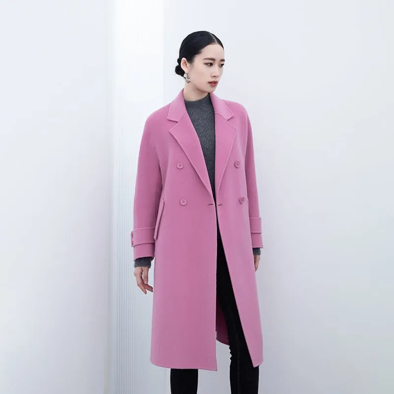 Pink Long Woolen Double Breasted Overcoats