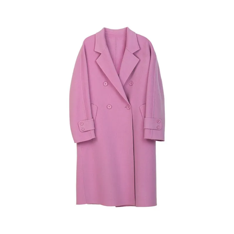 Pink Long Woolen Double Breasted Overcoats