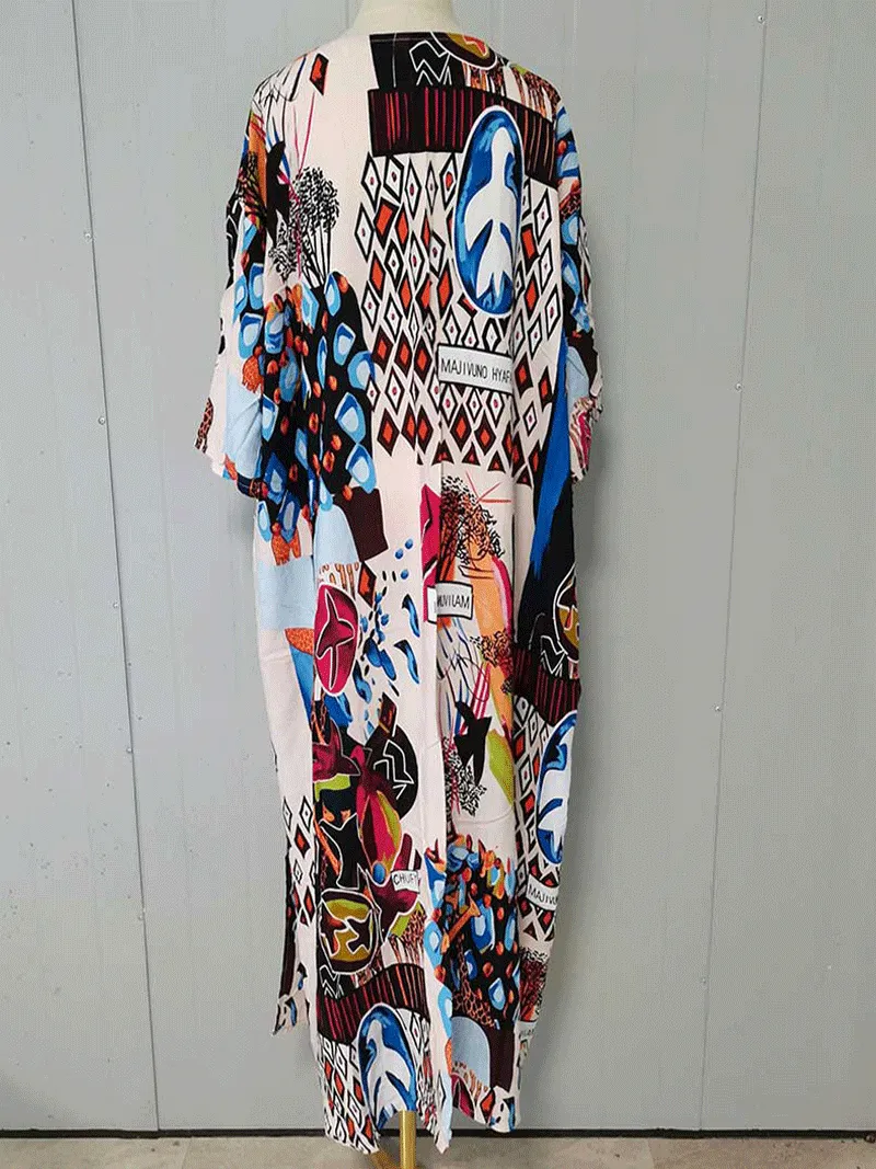 Printed White Color Polyester Long Length Gown Kimono Duster Robe