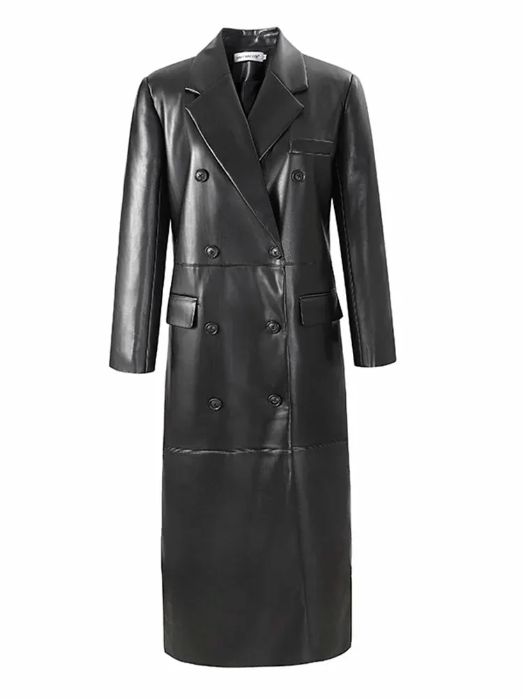 PU Leather Double Breasted Multiple Pockets Notched Collar Trench Coat