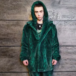 Python fleece coat handmade snake faux fur jacket in green