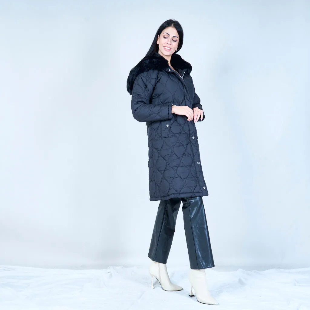 Quilted coat with faux fur hood wholesale