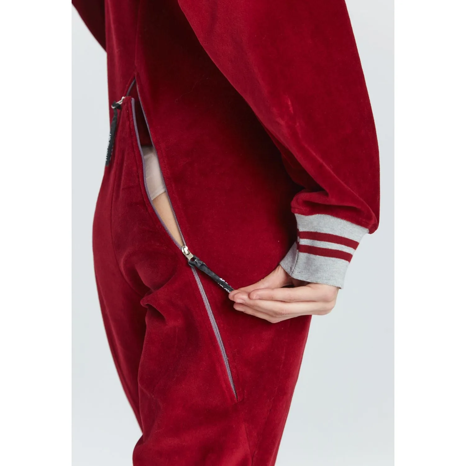 Red Long Sleeve Velvet Casual Zip-Up Bomber Jumpsuit