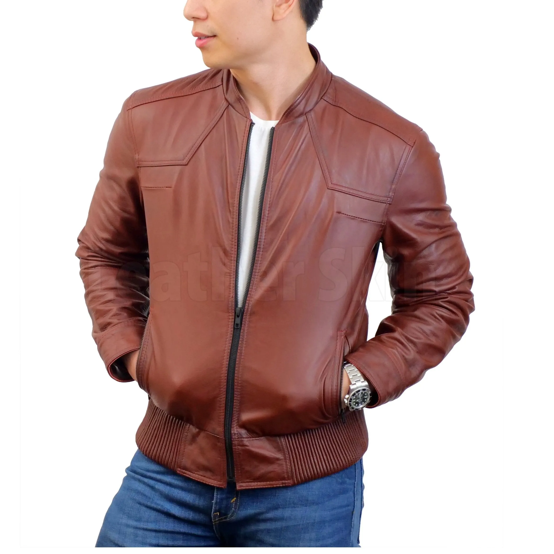 Red Maroon Leather Bomber Jacket