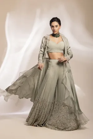 Sage Green Modal Silk Jacket With 3D Motifs And Sheer Ruffle, Paired With Flared Sharara.