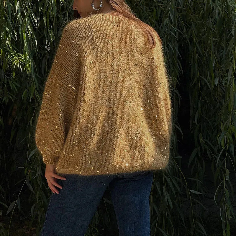 Sequined Round Neck Lantern Sleeve Sweater (3 colors)