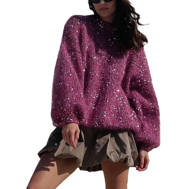 Sequined Round Neck Lantern Sleeve Sweater (3 colors)