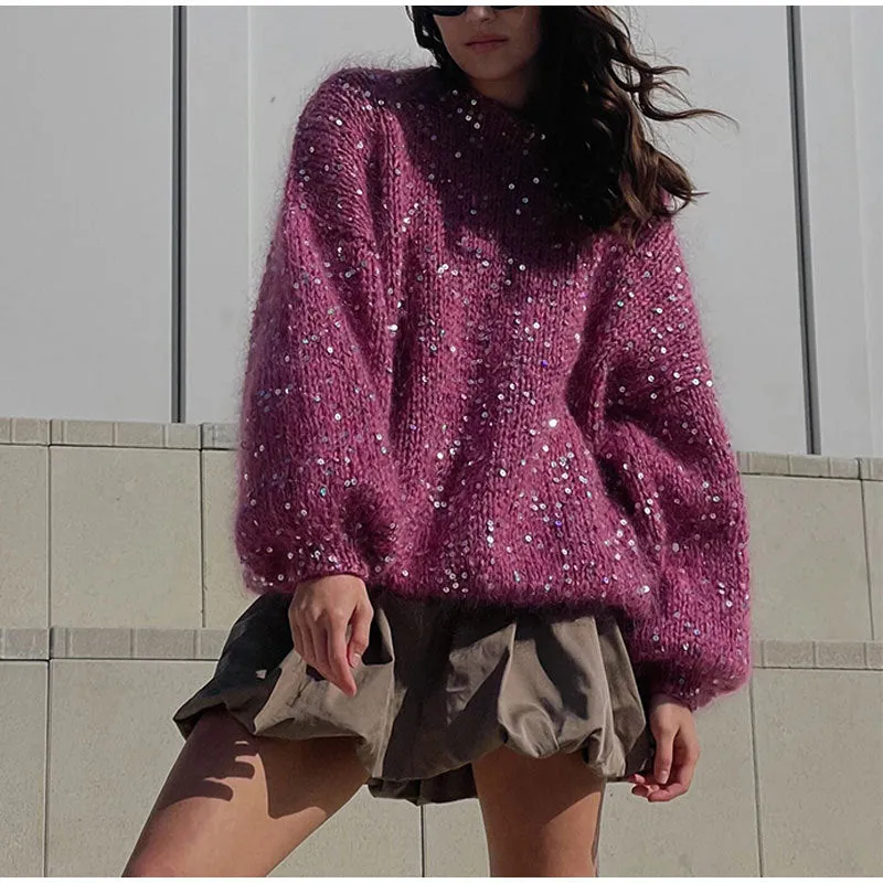 Sequined Round Neck Lantern Sleeve Sweater (3 colors)