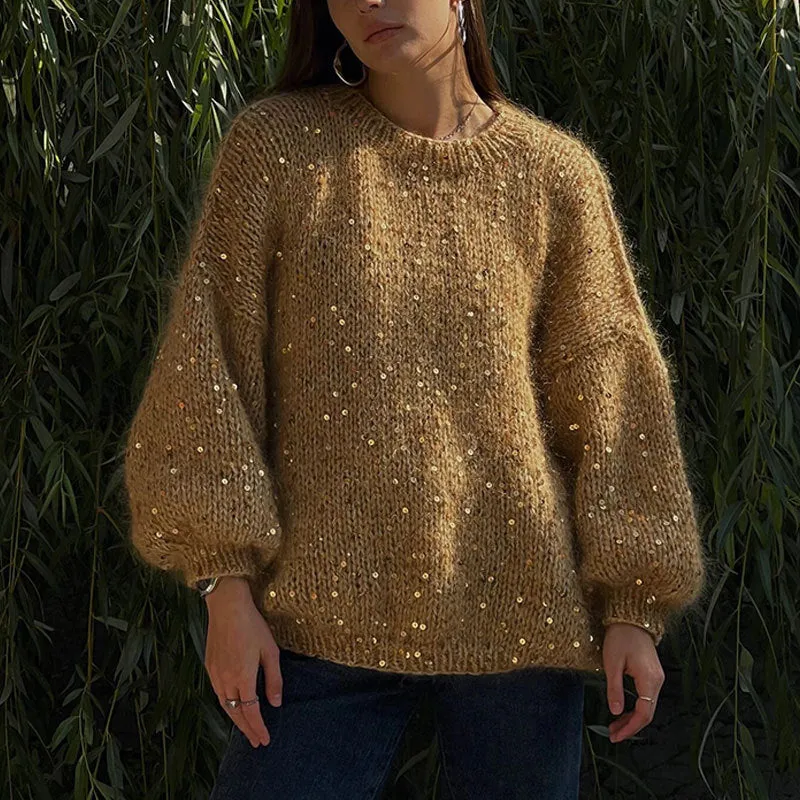 Sequined Round Neck Lantern Sleeve Sweater (3 colors)