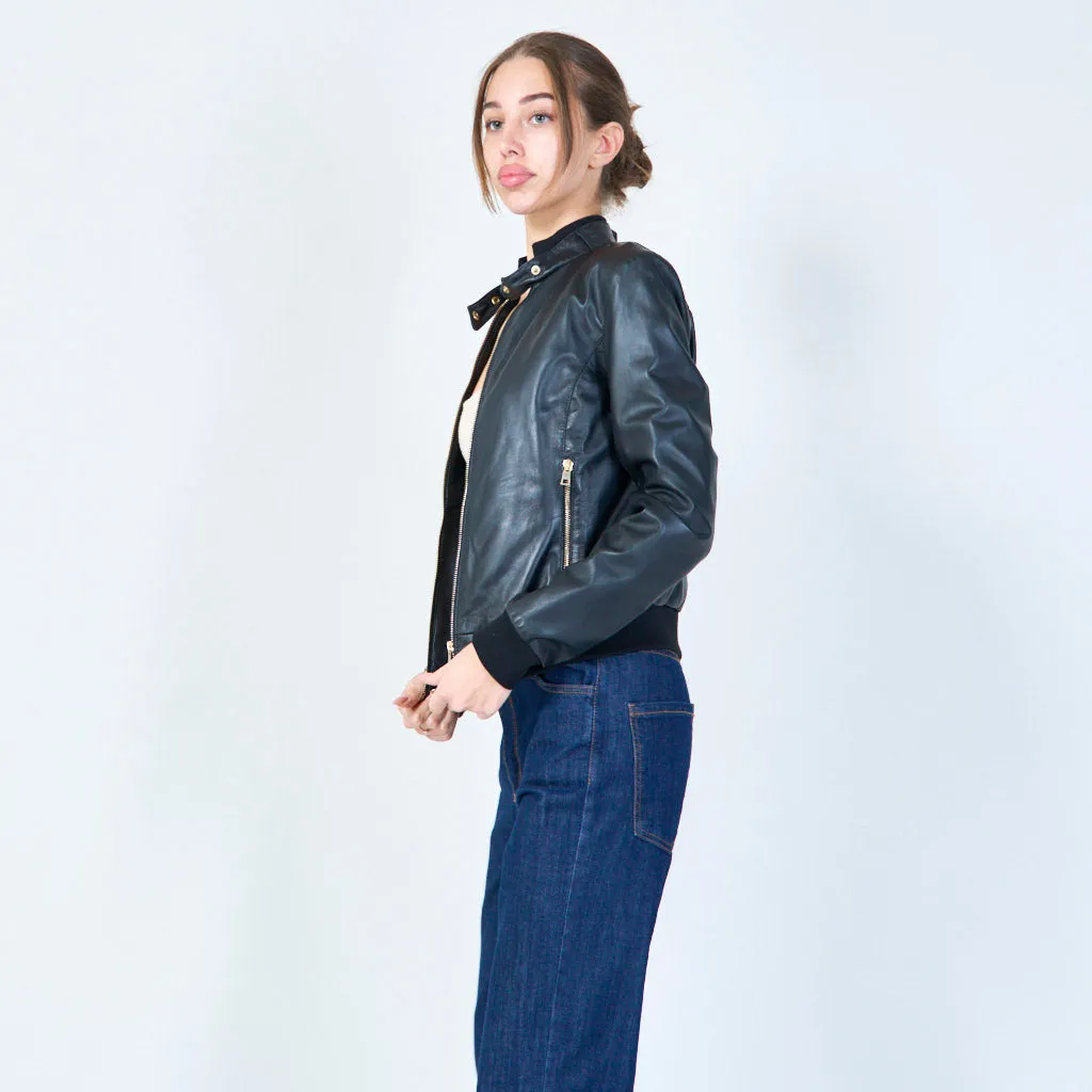 Sleek leather bomber jacket wholesale