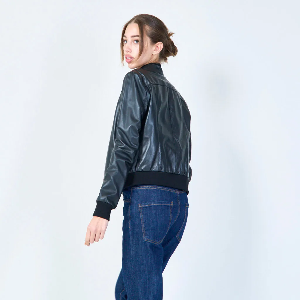 Sleek leather bomber jacket wholesale