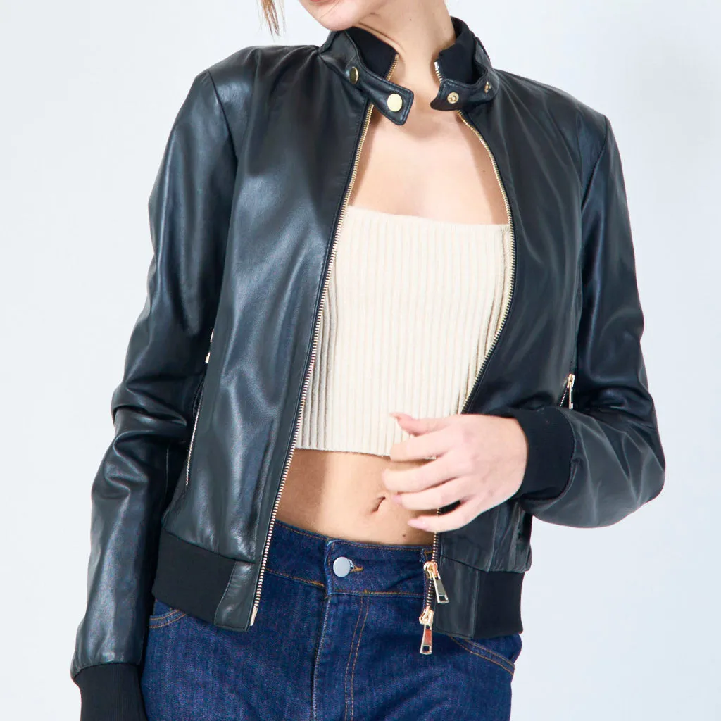 Sleek leather bomber jacket wholesale