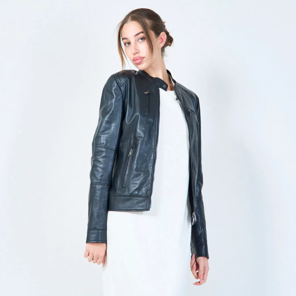 Sleek stand collar leather jacket wholesale